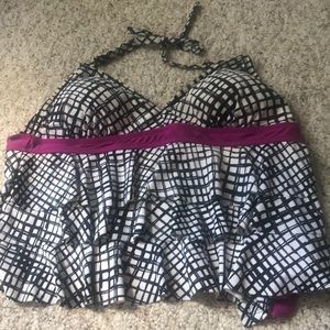 Black and white swim top with purple stripe